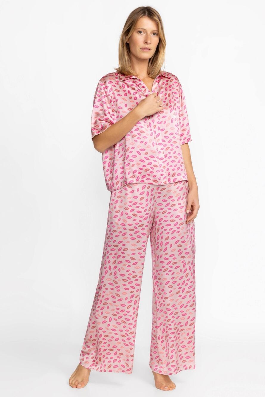 Johnny Was Brooklyn Long Set Pajama Set Pink Lips Size Small 100% Silk